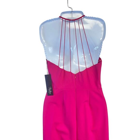 New Parker Black Nola Long Dress Keyhole Halter Draped Front Lattice Back Sz 4 - Picture 9 of 12